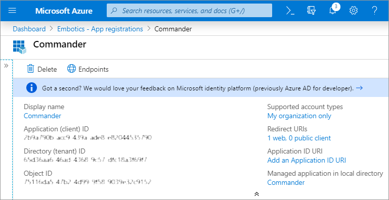 Azure Portal: Getting the Application ID and authentication key