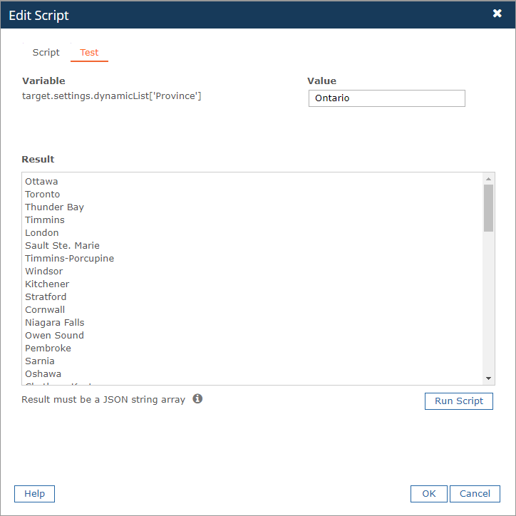 Dynamic List Test Script to display cities