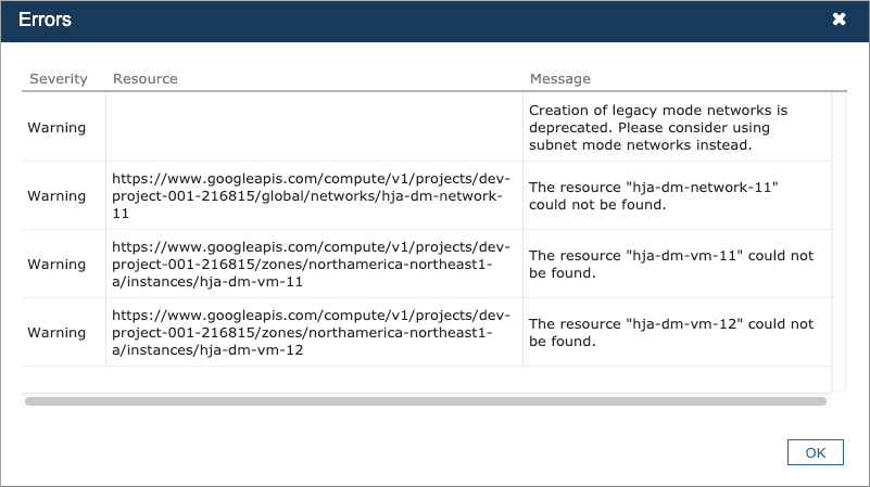 Errors and warnings for a GCP deployment