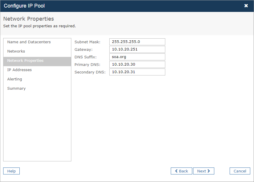 IP Pools Wizard - Network Properties